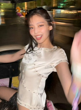 jennie同款vintage复古短袖重工钉钻缎面修身甜辣时尚短款t恤女夏