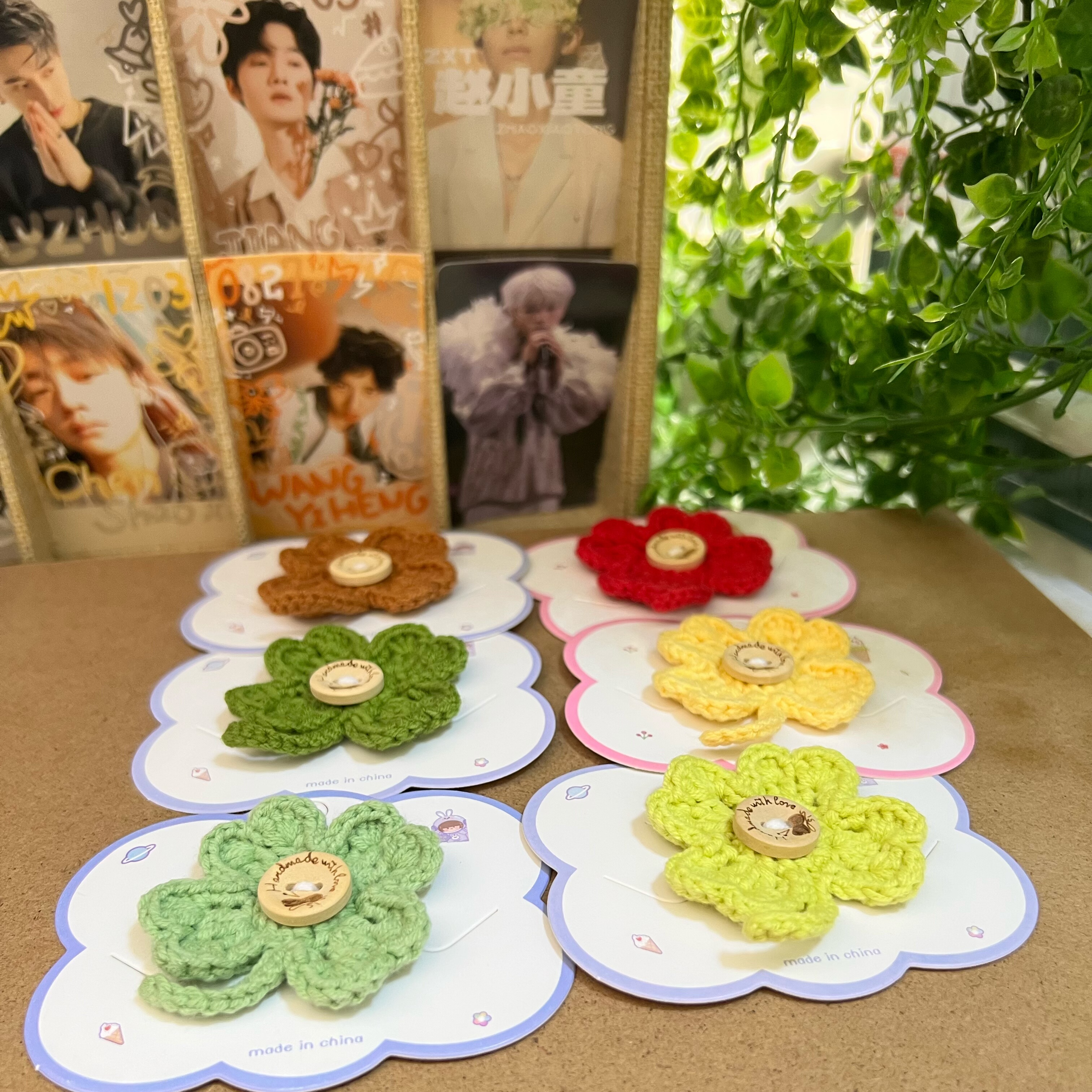 【成品】毛线钩织四叶草小花纽扣套发夹胸针服装辅料饰品配件