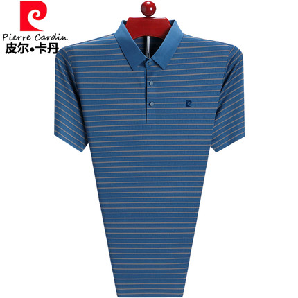 皮尔卡丹桑蚕丝高端品牌男士短袖t恤夏季爸爸名牌条纹冰丝POLO衫