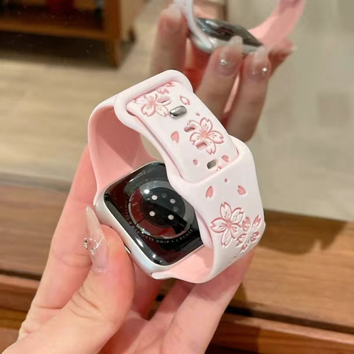 适用荣耀2i华为fit43小米9樱花雕刻双色硅胶5表带watch苹果s10/78