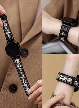 适用华为GT6pro手表带watch41gt3马鞍黑色花帆布皮荣耀亲选5ultra