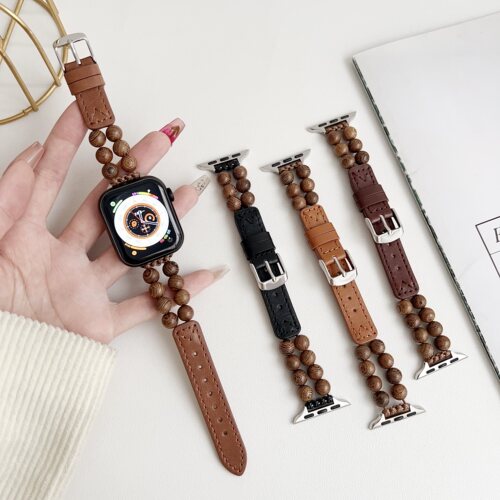 木头佛珠拼真皮表带表带适用iwatchS10苹果AppleWatch876SE小米9p