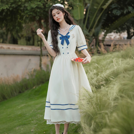 法式学院风学生收腰显瘦连衣裙少女夏季新款减龄收腰显瘦长裙子