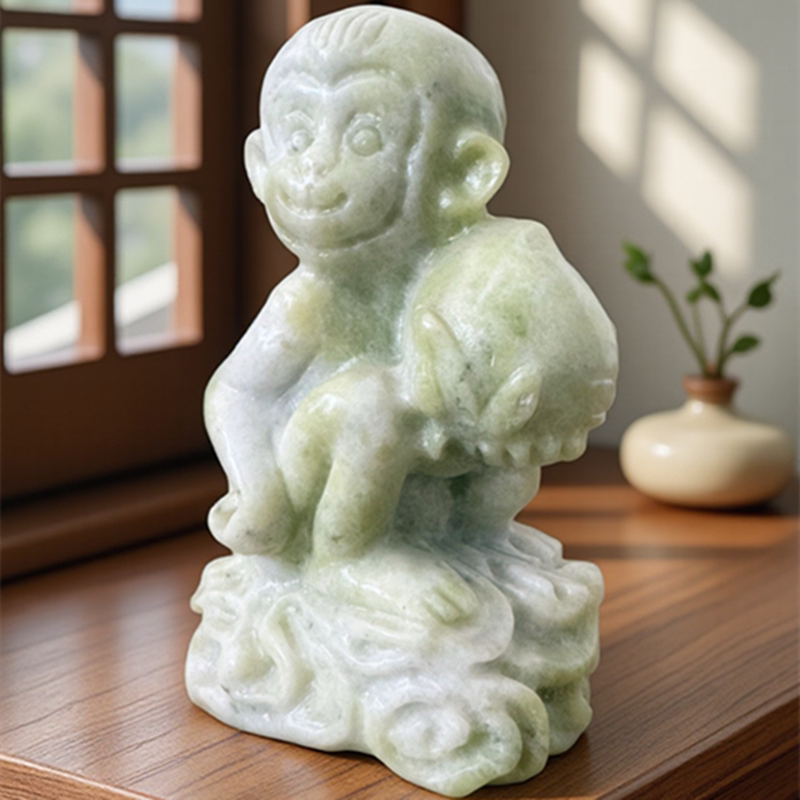 天然玉石蓝田玉寿桃灵猴摆件礼品图片