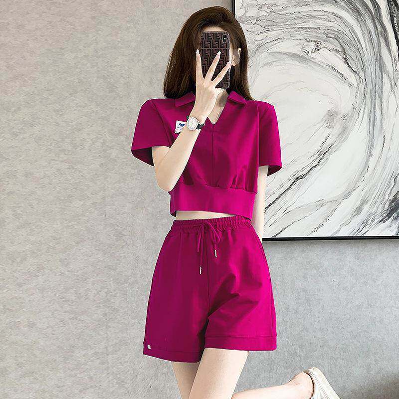 休闲运动套装女夏季2025年新款韩版洋气玫红色短袖t恤短裤两件套