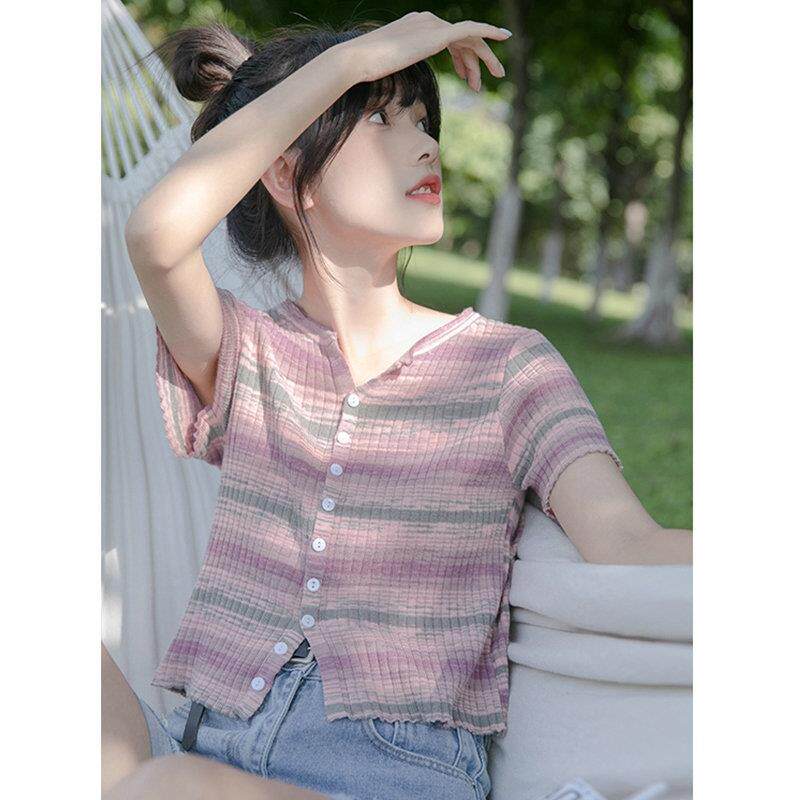 日系条纹正肩短袖T恤女夏季薄款设计感小众修身显瘦V领短款上衣潮
