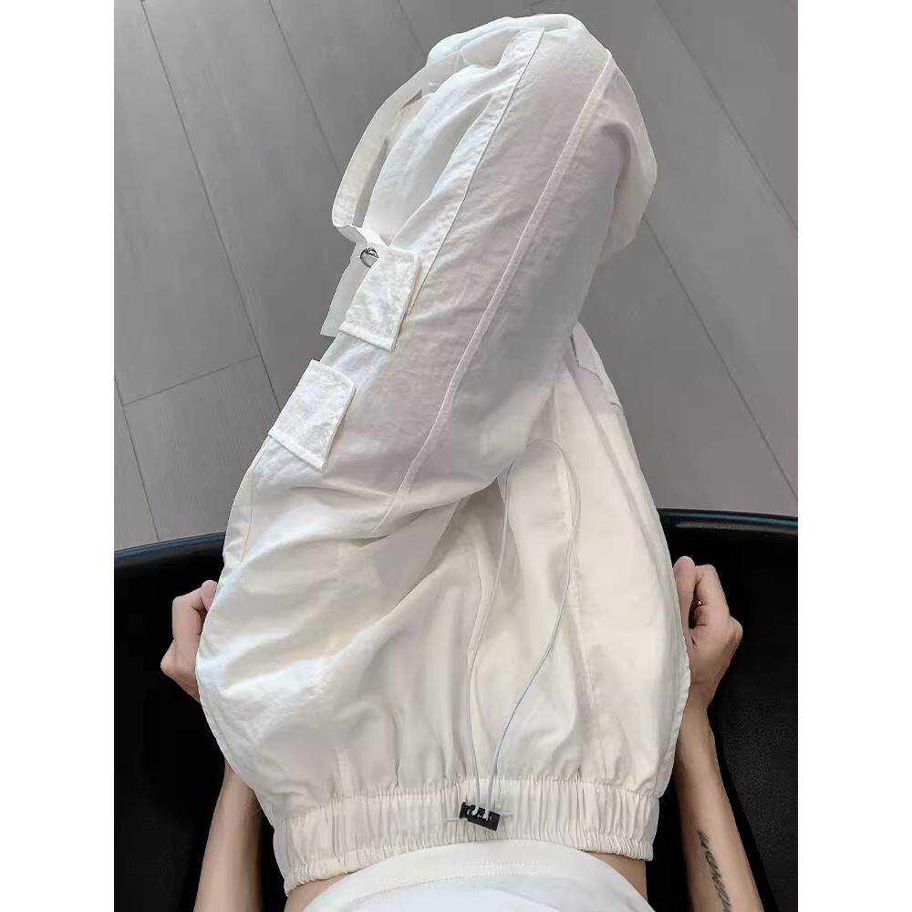 白色工装裤女夏季薄款2025新款小个子高腰垂感休闲阔腿美式运动裤