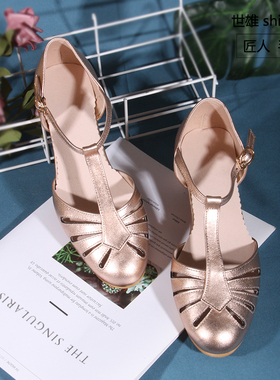 定制牛皮中跟swing镂空丁字单鞋真皮舒适法式旗袍小皮鞋摇摆舞鞋