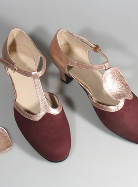 酒红配玫瑰金鹿皮拼色丁字女复古英伦年代中跟旗袍皮鞋swing舞鞋