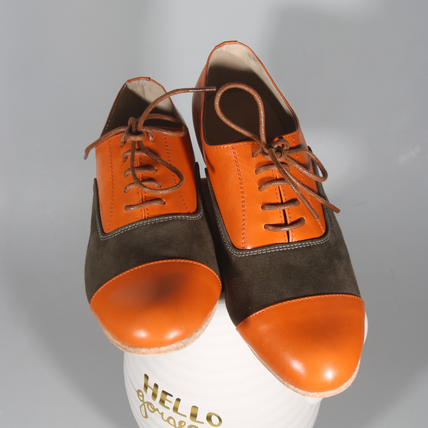 复古拼色vintage小圆头橙色牛皮系带真皮大底摇摆舞鞋男女情侣款
