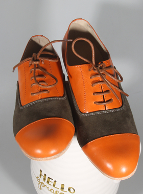 复古拼色vintage小圆头橙色牛皮系带真皮大底摇摆舞鞋男女情侣款