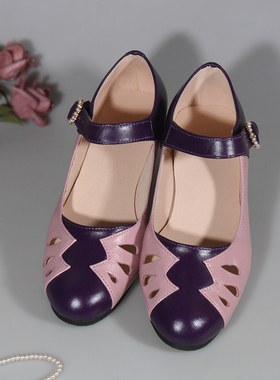 珍珠扣头层牛皮拼色紫色女复古中跟旗袍镂空皮鞋swing舞鞋民国风