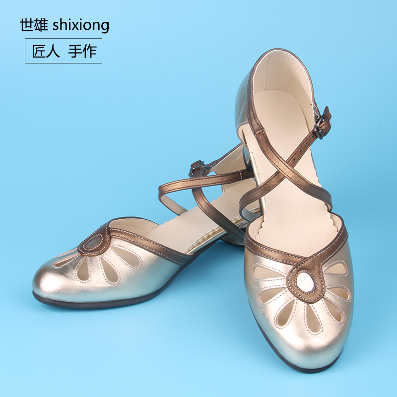 swing春夏新款金色牛皮拼色镂空凉鞋手工女鞋矮跟舒适摇摆舞真皮