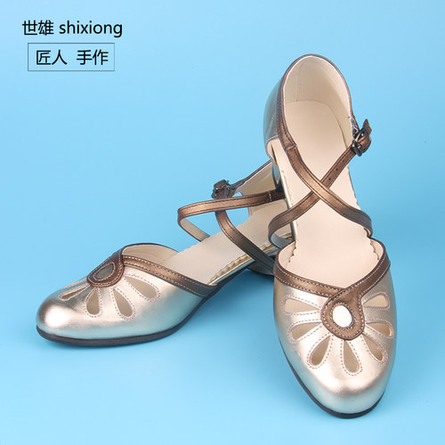swing春夏新款金色牛皮拼色镂空凉鞋手工女鞋矮跟舒适摇摆舞真皮