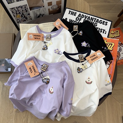 百搭显瘦撞色领短袖T恤女夏韩版