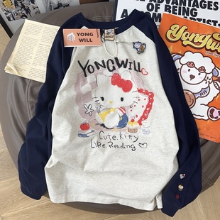 yongwill小羊家280g纯棉卡通长袖 撞色插肩袖 T恤女 经典 可爱Kitty