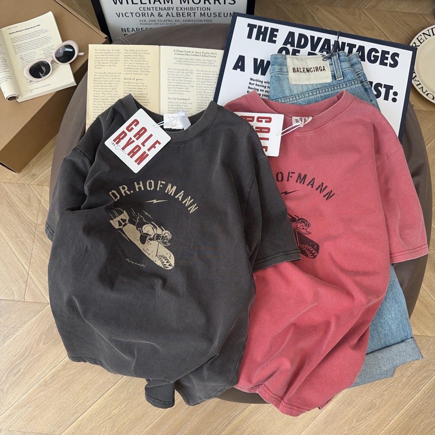 慵懒感~复古做旧水洗卡通滑板鸭无感印花纯棉短袖T恤女情侣上衣韩