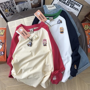 T恤女 250g纯棉长袖 好爱这个配色 yongwill小羊纸袋家撞色插肩袖