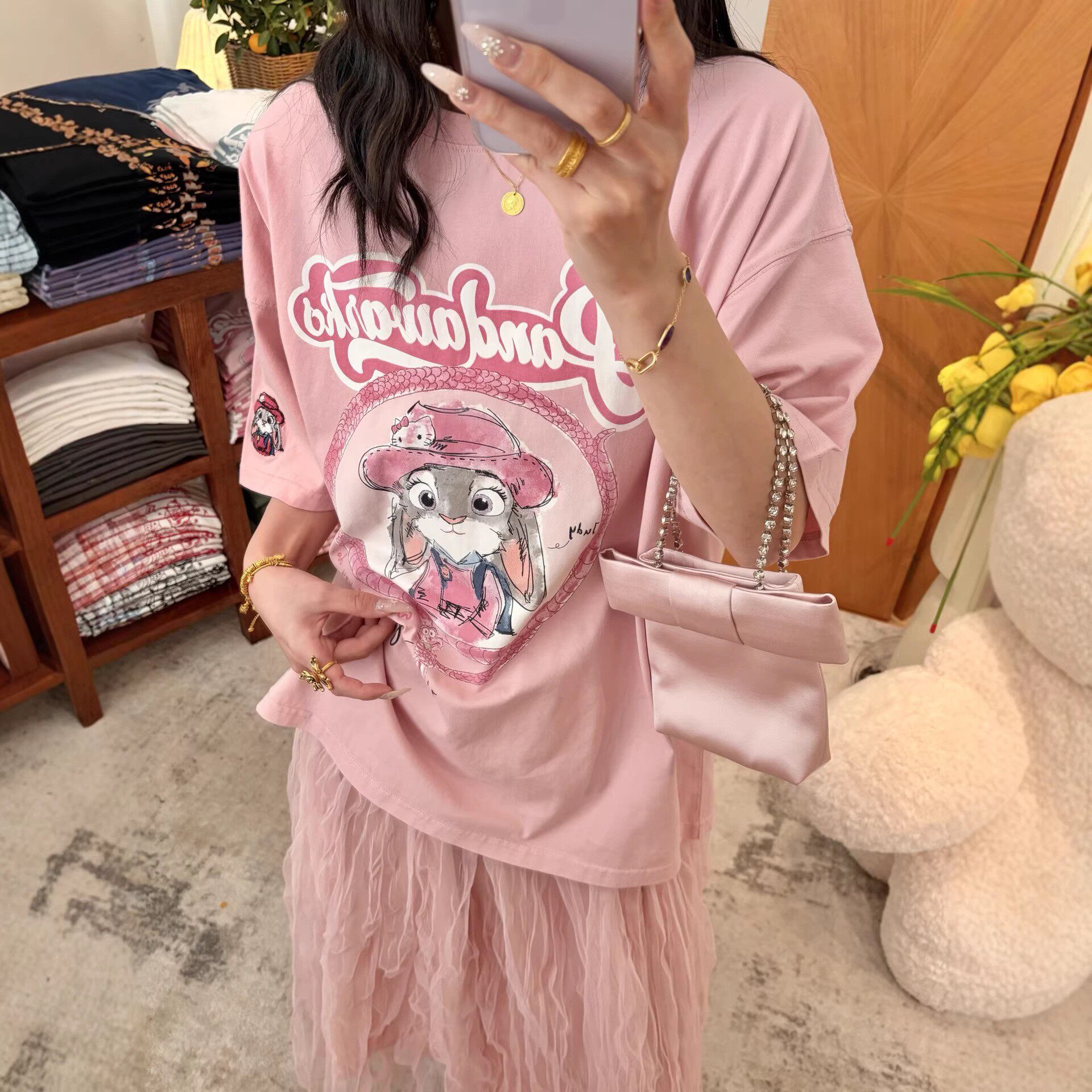 颜值担当JU减龄！pandawarks熊猫纸袋家180g无感印花短袖T恤女夏