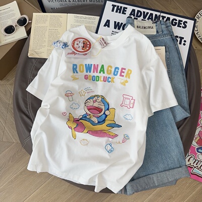 百搭显瘦卡通机器猫印花短袖T恤