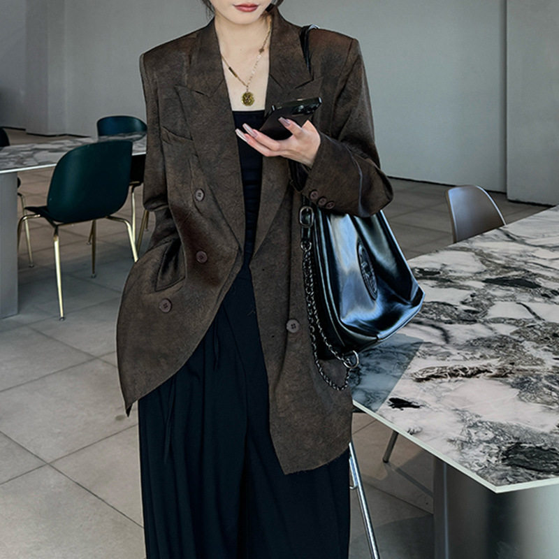 2025秋季大码女装咖色小西装外套韩版胖mm设计感中长款西服200斤
