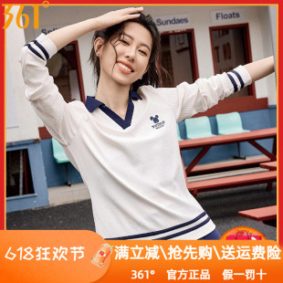 361度女装运动长袖T恤2025秋季新款学院风棉质翻领套头衫卫衣潮女