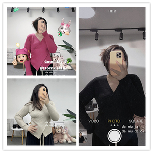 显瘦百搭性感知性交叉V领针织打底衫大牛家大码女装胖MM