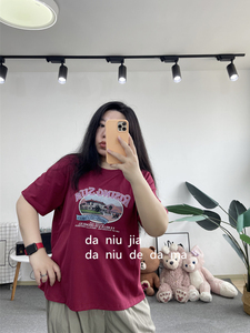 4.5清仓不退换美式复古印图紫红色显瘦短袖T恤大牛家大码女装胖MM