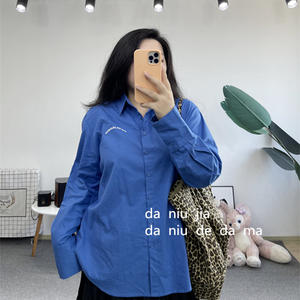 英伦气质刺绣装饰蔚蓝棉质衬衫大牛家大码女装胖MM显瘦百搭