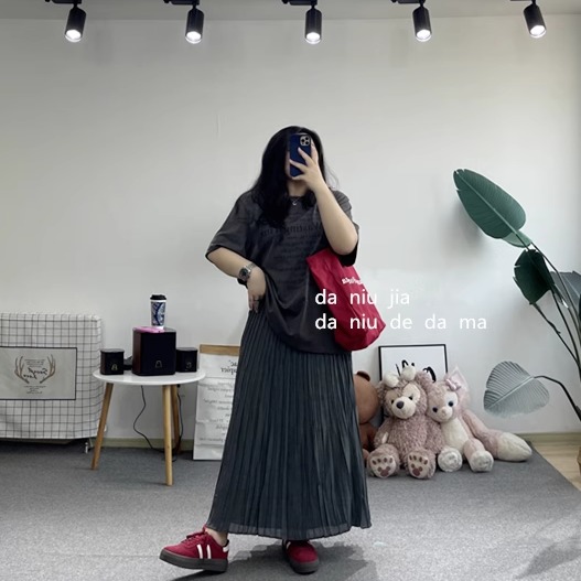 文藝風(fēng)仿棉麻面料松緊腰圍百褶裙大牛家大碼女裝胖MM顯瘦百搭