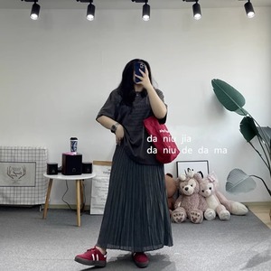 文艺风仿棉麻面料松紧腰围百褶裙大牛家大码女装胖MM显瘦百搭