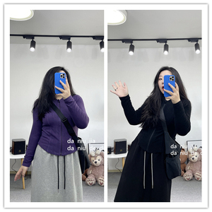 修身显瘦LULU风绒感拉链长袖收腰打底衫上衣大牛家大码女装胖MM