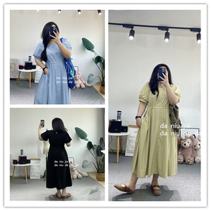 简约清爽可收腰两侧有大口袋的连衣裙大牛家大码女装胖MM显瘦百搭