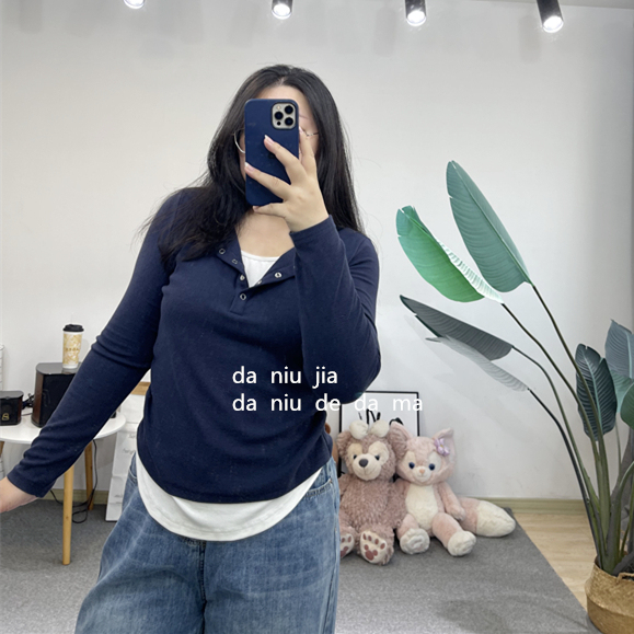 学院风显瘦百搭减龄假两件长袖T恤上衣大牛家大码女装胖MM内搭