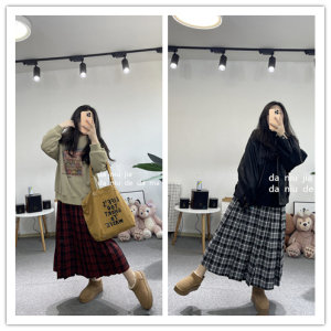 美式复古学院风格子百褶半身裙两色大牛家大码女装胖MM230斤