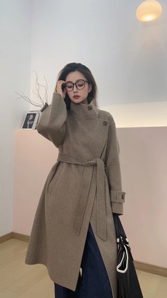 2025秋冬新款双面羊绒大衣女中长款立领系带收腰显瘦羊毛呢外套