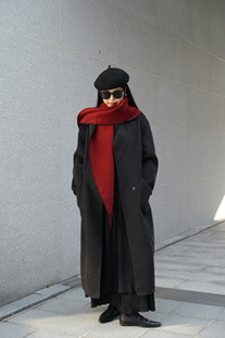 橘红双色呢大衣女秋冬新款高级松弛感长款羊毛安可拉红大围巾大衣