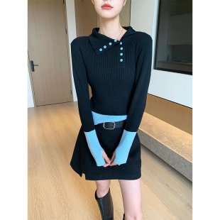 独特洋气拼接复古小众设计感打底衫 秋冬新款 撞色不规则翻领针织衫