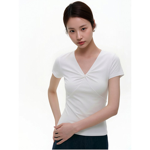 扭结设计感V领百搭短袖T恤女夏新款纯欲风简约修身显瘦上衣
