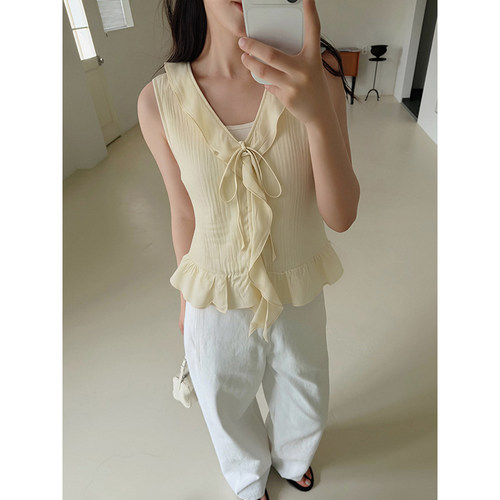 法式绝美花边系带无袖背心衬衫女夏季设计感小众V领别致上衣