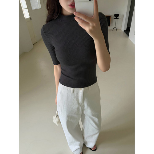 黑色半高领气质简约风针织短袖T恤女夏优雅知性百搭别致上衣