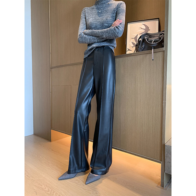 秋冬复古黑色pu皮宽松直筒皮裤女长裤显瘦高腰阔腿烟管长腿休闲裤