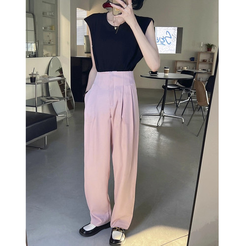 （特价清仓）粉色西装裤女直筒宽松韩版休闲萝高腰显瘦宽松直筒裤