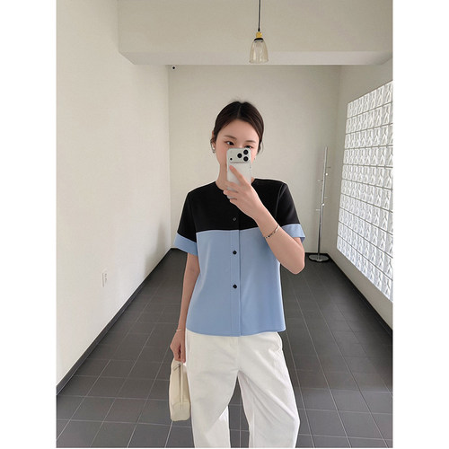 拼色设计感短袖设计感衬衫女夏新款气质休闲百搭上衣女