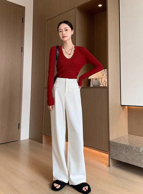 韩版春季白色垂感灯芯绒百搭小众直筒高腰休闲阔腿宽松气质长裤