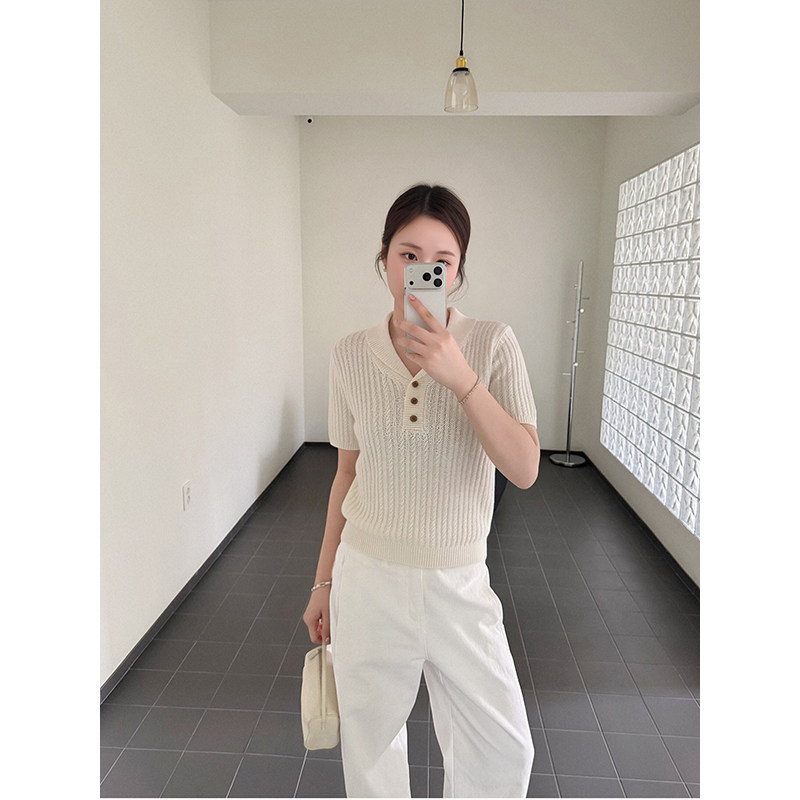 韩版翻领麻花设计感冰丝针织短袖T恤女夏气质百搭V领休闲上衣女