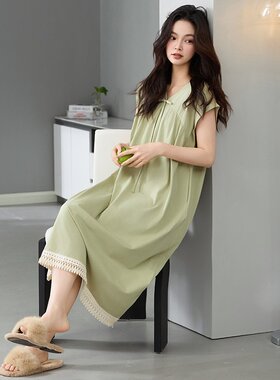 【棉绪】纯棉睡裙女夏季薄款无袖落肩睡衣女士孕妇宽松大码连衣裙