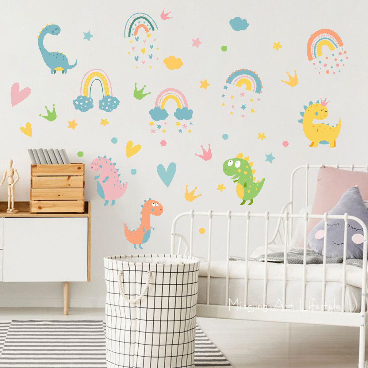 北欧可爱艺术卡通恐龙爱心彩虹墙贴幼儿园宝宝房家居墙面装饰墙贴