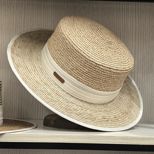 轻奢法式真丝麻装饰平顶拉菲草拼棕叶草防晒时装礼帽草帽子女春夏