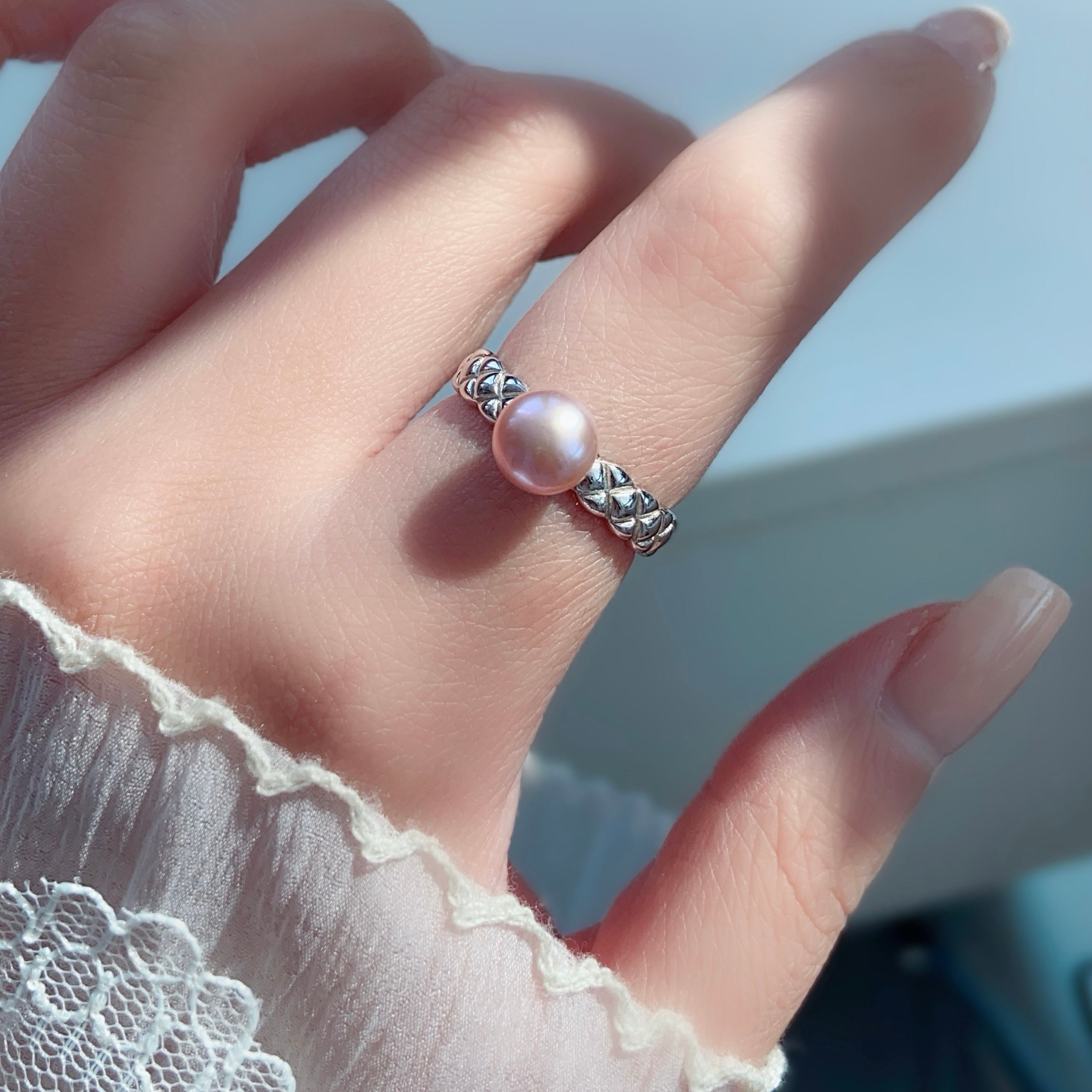 「淡水珍珠戒指」7.3mm无暇馒头 小巧精致925纯银镶嵌 活口可调